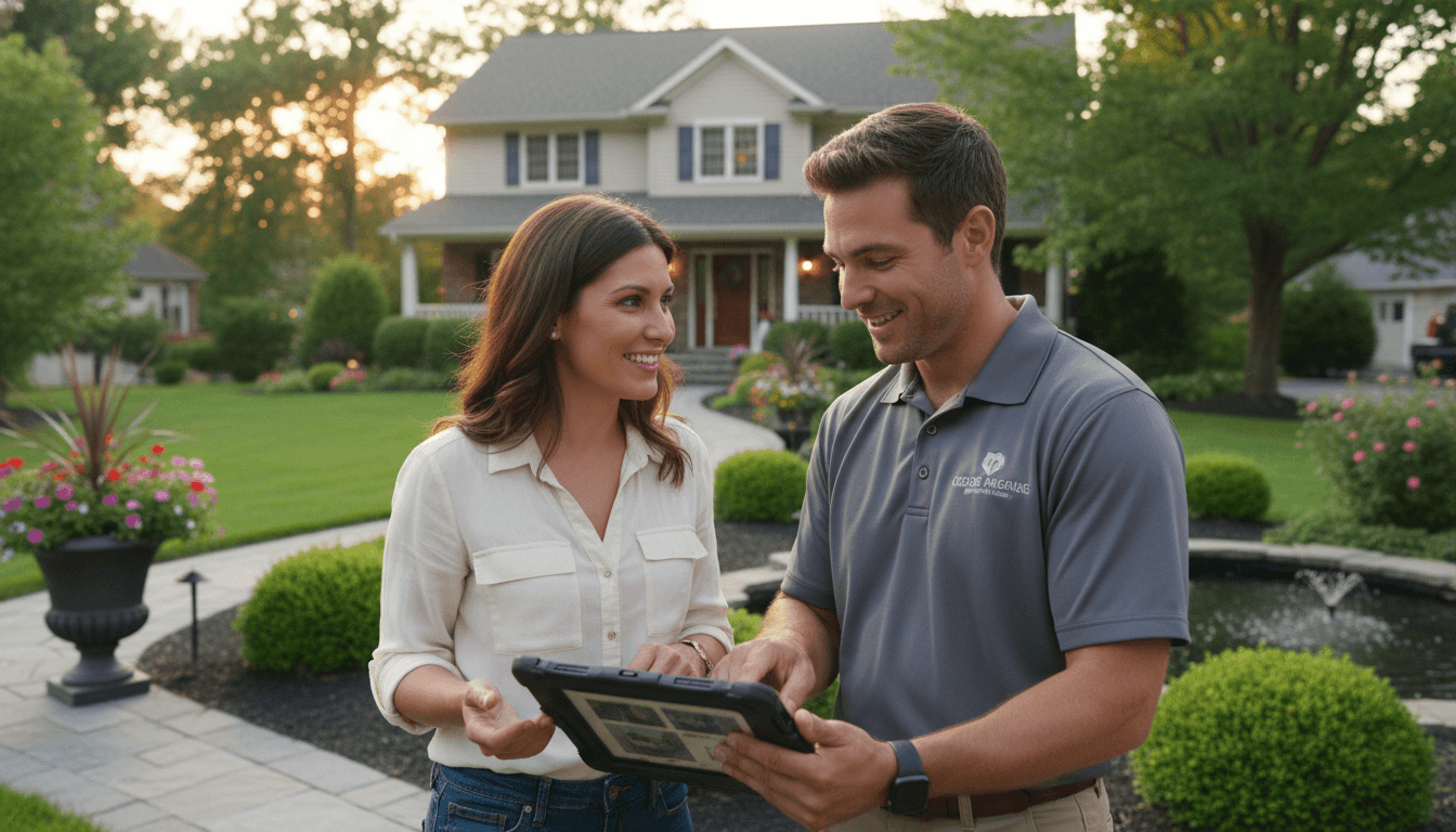 Professional landscaper consulting with homeowner