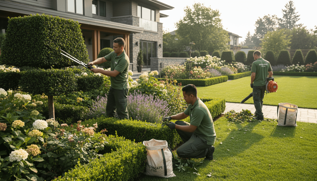 Professional landscaping team providing garden maintenance services