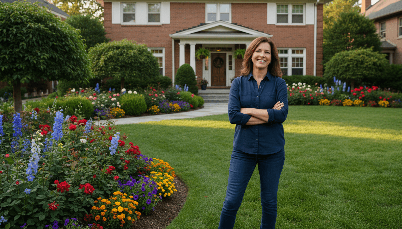 Satisfied customer with transformed landscape